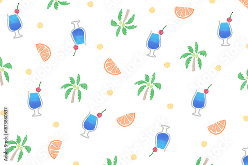 白背景に手描きイラストパターン。夏の旅行やビーチ・リゾートのコンセプト。水彩のカクテルとヤシの木