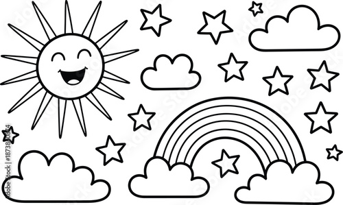 Happy Sun with Rainbow and Stars in Black and White Line