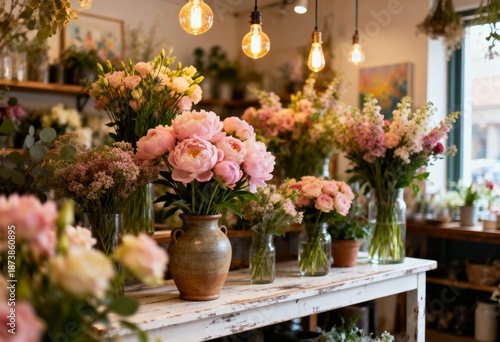 Beautiful flower arrangements on a white wooden table in a bright flower shop