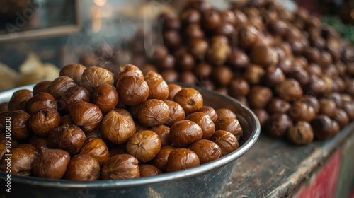 Freshly roasted hazelnuts on display