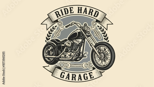 Vintage Motorcycle Emblem with Ride Hard Garage Text.