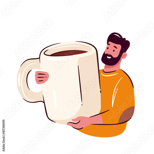 Huge coffee cup held by smiling man in simple cartoon doodle style with warm cozy mood. Vector illustration repeating the oversized coffee cup as big coffee mug accent.