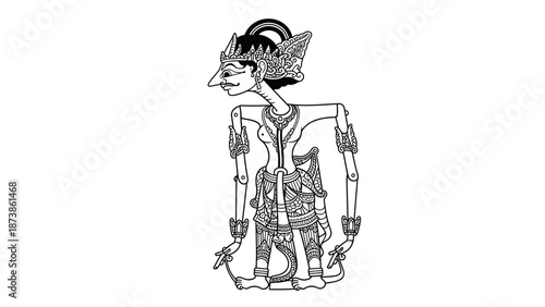 Classic flat puppet shape of wayang kulit, clean SVG line art, black outline only, white background