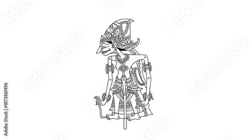 Classic wayang kulit silhouette drawn as black vector outline, clean minimal lines, white background