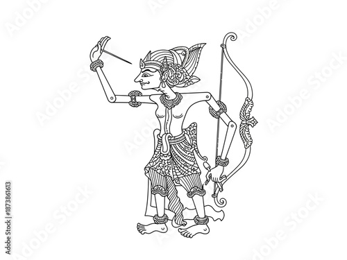 Detailed vector line art of wayang kulit Abimanyu, youthful heroic design, pure black outline, white background