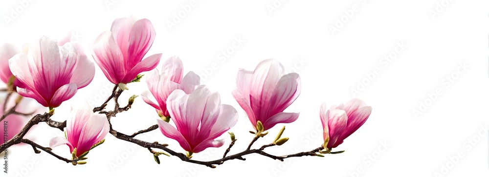 Fototapeta premium Pink magnolia blossoms blooming on a branch against a white background