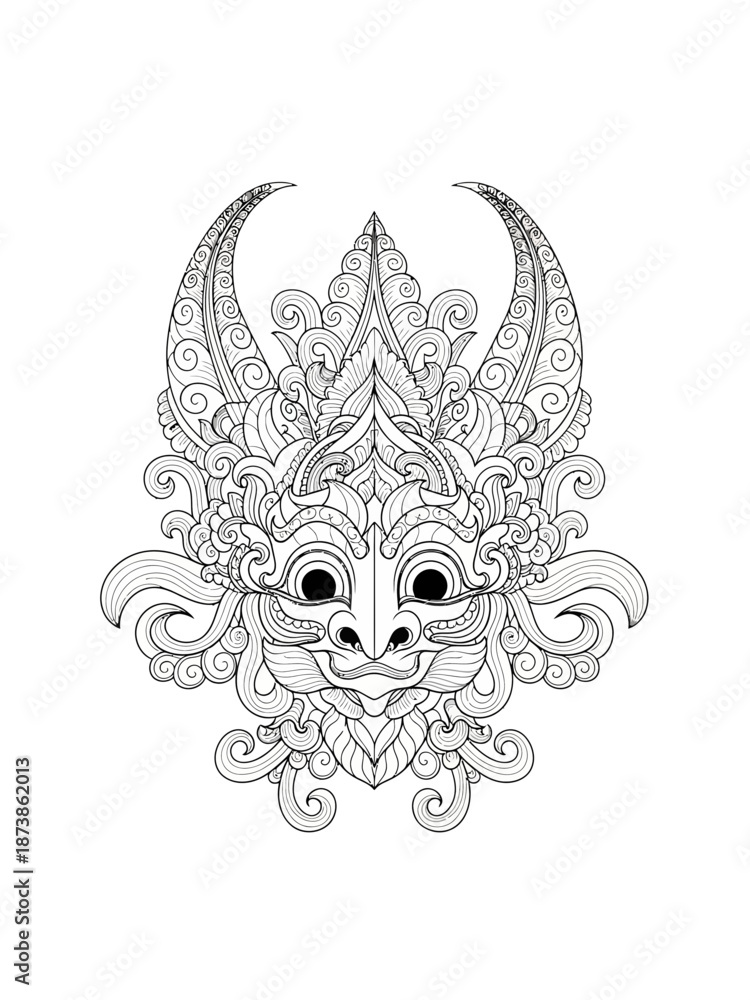 Fototapeta premium Intricate black and white illustration of a detailed, ornate Balinese mask with horns and elaborate patterns.