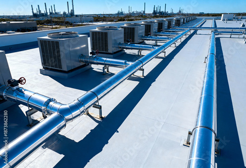 Industrial rooftop with HVAC systems and pipes in a commercial facility