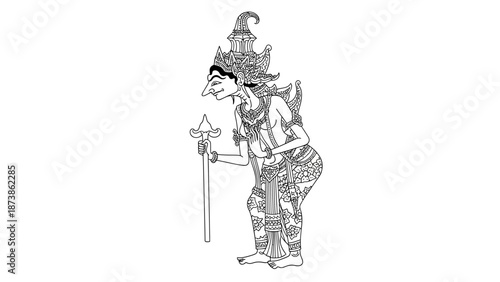 Minimalist vector outline of wayang kulit Yudhistira, elegant posture, traditional Javanese ornaments, black ink line art on white background