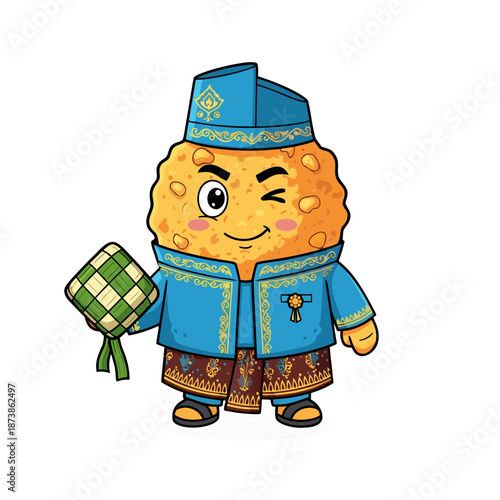 A cartoon character dressed in traditional clothing holding a checkered bag