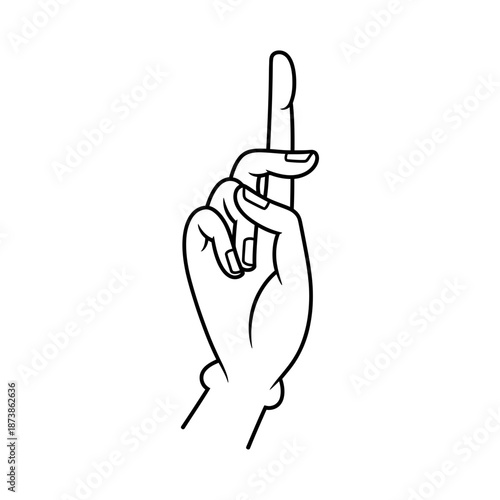 Traditional wayang kulit hand gesture, vector line drawing, pure black outline, white background
