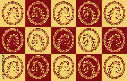 Seamless Chinese New Year horse pattern with red and gold color scheme, circular zodiac ornaments and traditional Asian decorative background for textile, wallpaper, and festive packaging design.