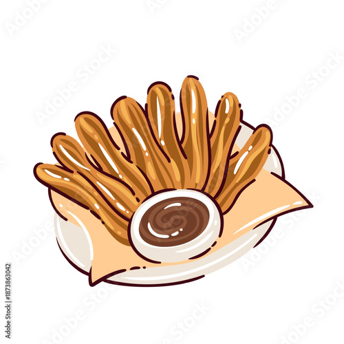 Spanish churros with chocolate sauce served on plate. Traditional Spain dessert, street food symbol, travel food icon, cartoon doodle style, modern flat design, clean shapes, vector illustration.