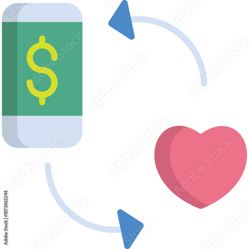 Mobile money transfer to heart icon with circular arrows