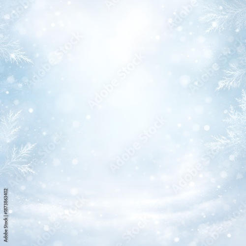 Dreamy winter wonderland background with sparkling snow, frosted branches, and soft bokeh lights for a magical holiday concept and serene seasonal backdrop