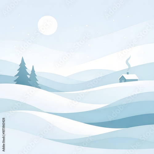 Minimalist winter landscape with snowy hills, a cozy house, and pine trees under a full moon for a peaceful holiday concept and tranquil nature scene