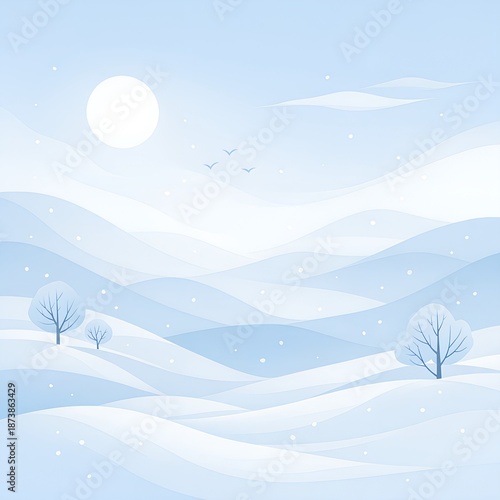 Minimalist winter landscape illustration with snowy rolling hills, bare trees, and falling snow under a bright moon for serene season concept and quiet nature