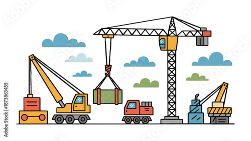 Construction Site Illustration: A vibrant illustration showcases heavy machinery at work on a bustling construction site, depicting cranes, trucks, and building elements against a backdrop of clouds.