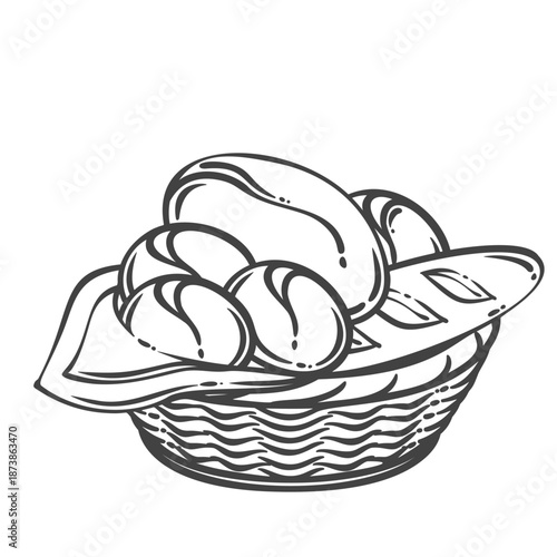 Bread basket with assorted loaves and cloth lining. Fresh bakery bread, traditional baked food, rustic serving. Outline monochrome engraving style, vintage line art. Vector illustration.