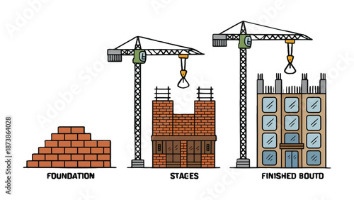 Construction Progress: A concise visual representation of the stages of construction, from foundation to the completed structure, complete with crane in action.