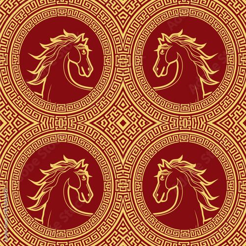 Seamless Chinese New Year horse pattern with red and gold color scheme, circular zodiac ornaments and traditional Asian decorative background for textile, wallpaper, and festive packaging design.