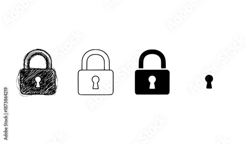 Padlock Icon Collection Vector Showing Sketch Outline Glyph and Flat Cartoon Lock Styles