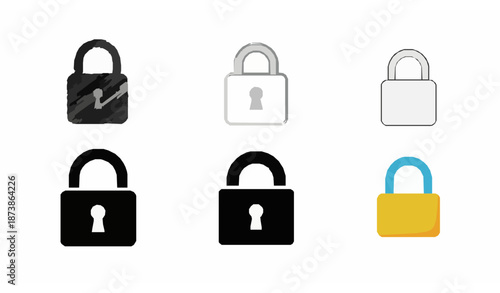 Padlock Icon Style Comparison Vector Set with Sketch Outline Solid and Flat Cartoon Locks