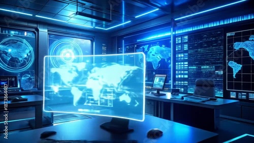 Wallpaper Mural Futuristic Command Center with World Map Displays Torontodigital.ca
