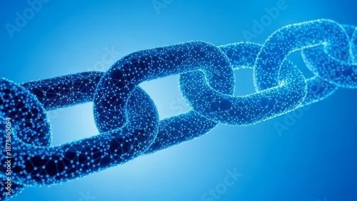 Abstract digital representation of a secure blockchain network connection with glowing blue interconnected nodes and lines forming a chain on a futuristic background