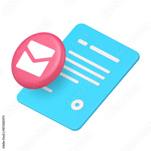 Document and email envelope icon for messaging app and web UI. Concepts of mail, message, file, document, and correspondence. Modern 3d icon realistic vector illustration.