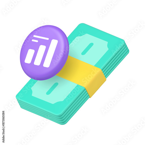Money stack and growth chart icon for financial app and website design. Represents cash, profit, income, wealth, and analytics. Modern 3d icon realistic vector illustration.