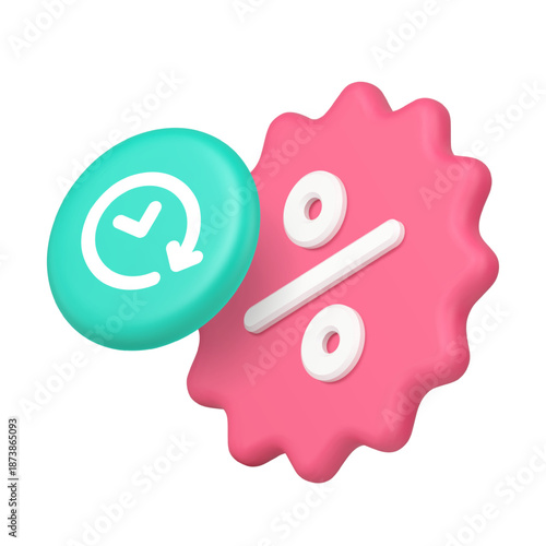 Discount tag and timer clock icon for ecommerce websites and shopping apps. Represents sale, promotion, limited time, urgency, and special offers. Modern 3d icon realistic vector illustration.