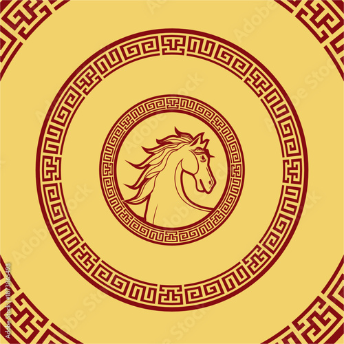 Chinese New Year horse emblem design with red and gold traditional Asian ornament background, suitable for lunar festival branding, packaging, labels, and promotional templates.