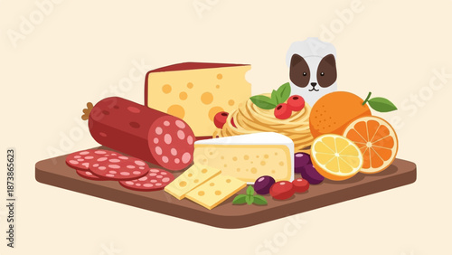 A flat design illustration of a charcuterie board with cheese, salami, pasta, fruit, and a panda