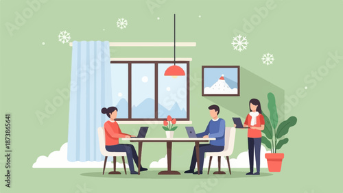 A flat illustration of three colleagues working on laptops in a cozy office during a snowy winter day