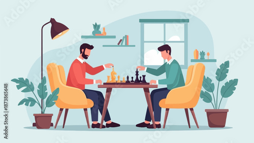 A flat illustration of two men concentrating on a game of chess in a cozy, well-lit living room
