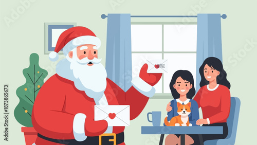 A flat illustration of Santa Claus giving love letters to a happy family with their cute dog at home