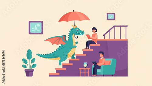 A friendly dragon holds an umbrella over a woman on stairs while a man reads in an armchair below