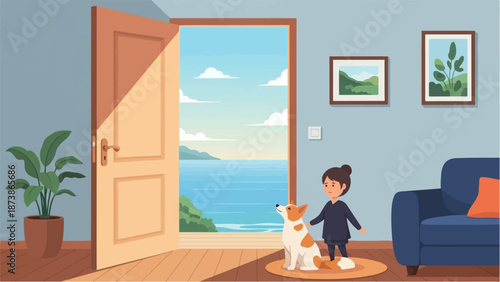 A girl and her dog in a sunlit room look out an open door to a calm sea and distant hills