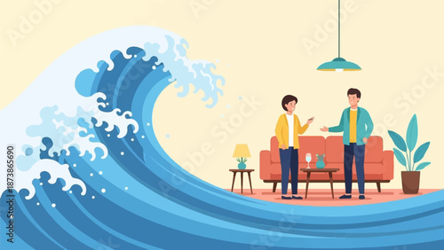 A huge wave approaches a couple casually talking in their living room, unaware of the impending doom