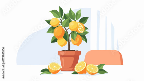A small potted lemon tree with ripe fruit, surrounded by cut lemons on a surface. Flat illustration