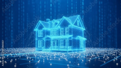 Futuristic digital blueprint of a classic american house rendered in glowing neon blue lines against a dark abstract background with digital rain and data streams