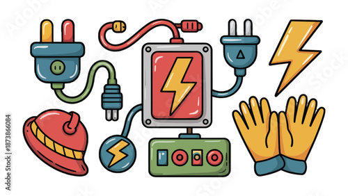 Energy and Safety: Illustrated essentials of electrical safety and power, highlighting plugs, a control panel with lightning symbol, hard hat, and gloves.