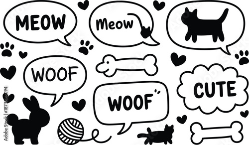 Black and white cartoon animals with speech bubbles saying meow and woof