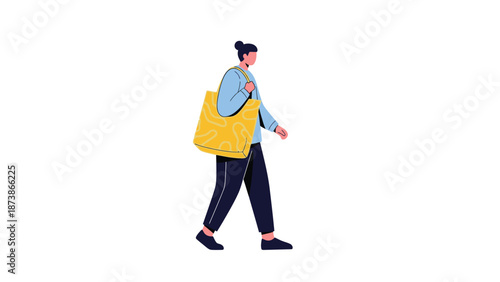 Stylized illustration depicting a person with dark hair styled in a bun walking casually while carrying a bright yellow patterned reusable tote bag over their shoulder.