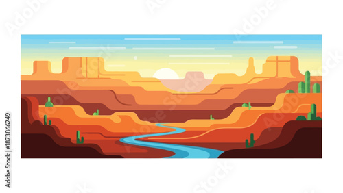 Stylized flat design illustration capturing the dramatic layered canyons of a western desert landscape bathed in the warm glow of a setting sun with a winding river below.