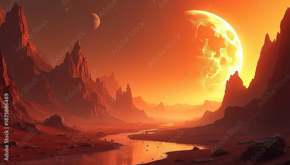Fototapeta premium Alien planet landscape with giant orange sun and rocky mountains. Water reflects warm glow of celestial body in serene otherworldly scene. Space exploration theme.