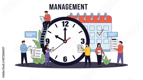 Business team diligently focusing on time management and project scheduling surrounding a giant clock and calendar illustrating effective planning concepts