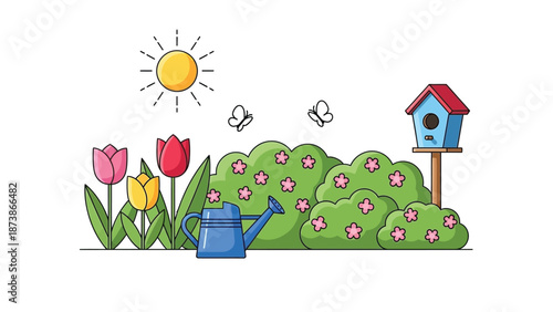 Bright spring garden scene featuring blooming tulips, flowering green bushes, a blue watering can, butterflies, and a perched birdhouse under the warm sun.