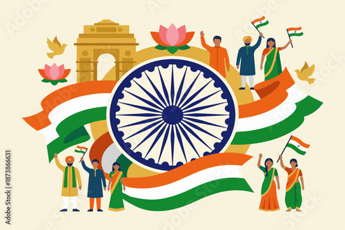 Flat vector illustration celebrating India Independence Day with Ashoka Chakra, tricolor ribbon, diverse people waving flags, India Gate, lotus and doves. Patriotic national celebration design.